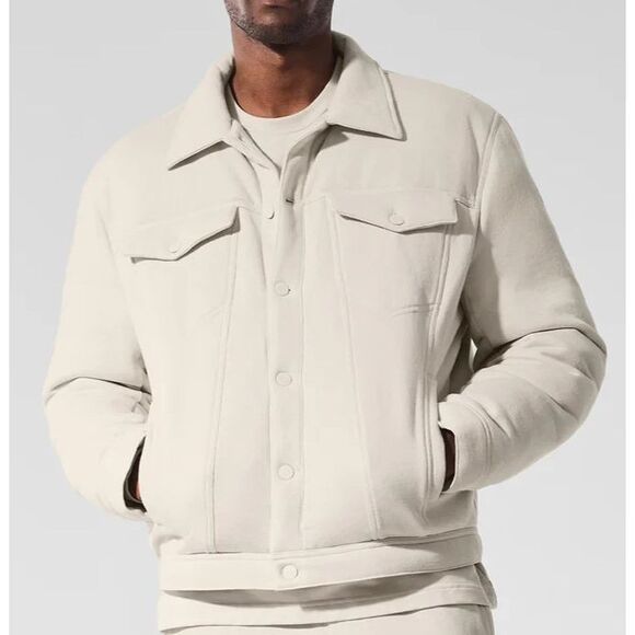 Alo W4380R Men's Sz M Bone/Beige French Terry Ease Trucker Jacket - Picture 10 of 11